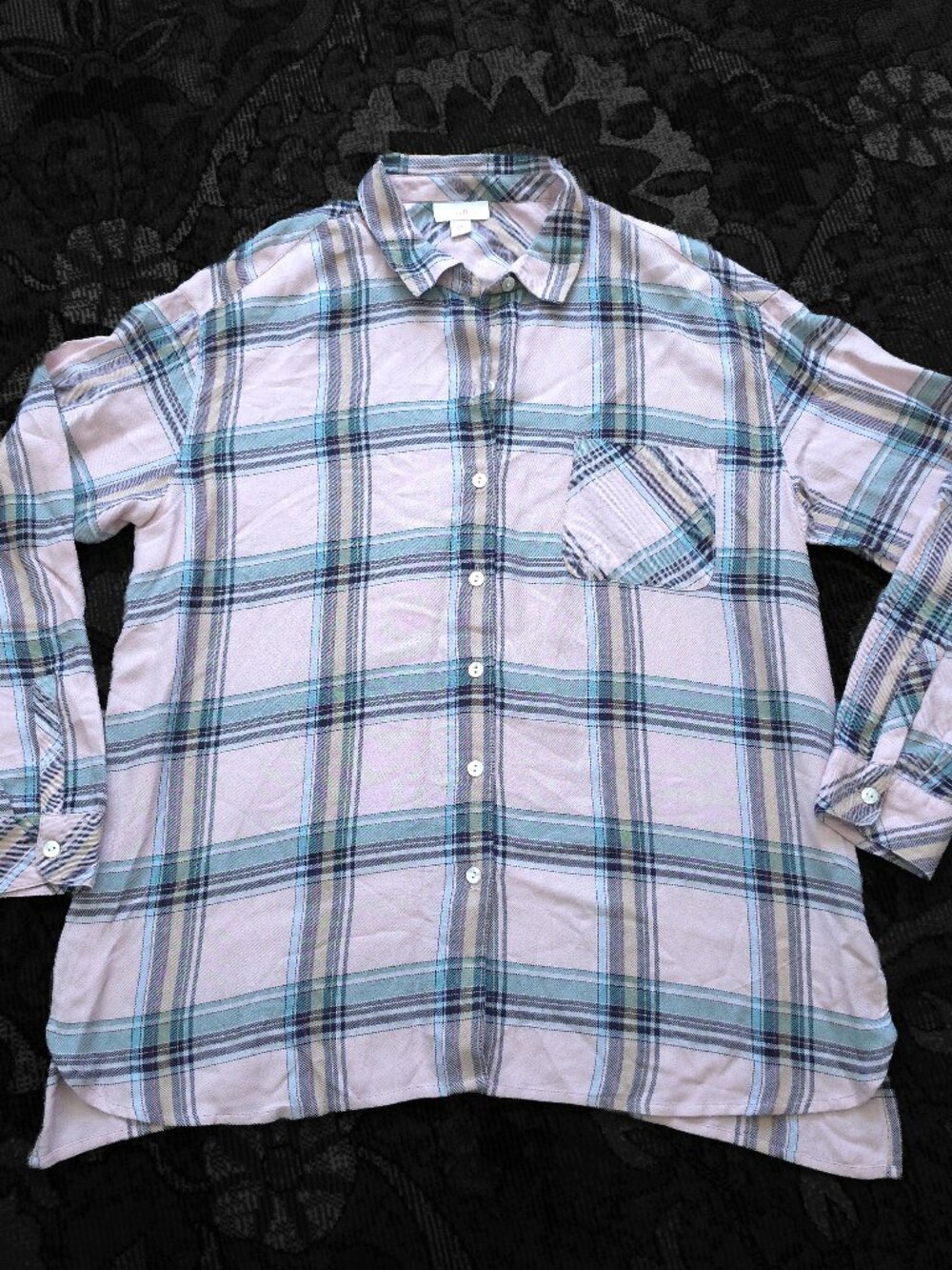 J.Jill Soft Pink Plaid Flannel Button-Down Shirt w/ Shell Buttons EUC Size Small